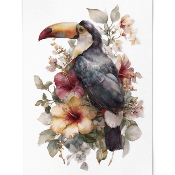 Watercolor Toucan with Flowers Wall Art Print, Unframed - Vibrant Tropical - Picture 2 of 7